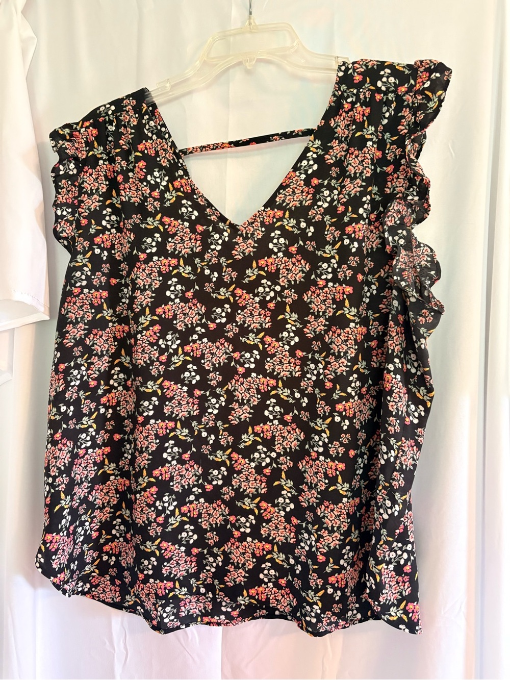LOFT Black Floral Ruffle Sleeve V-Neck Camisole